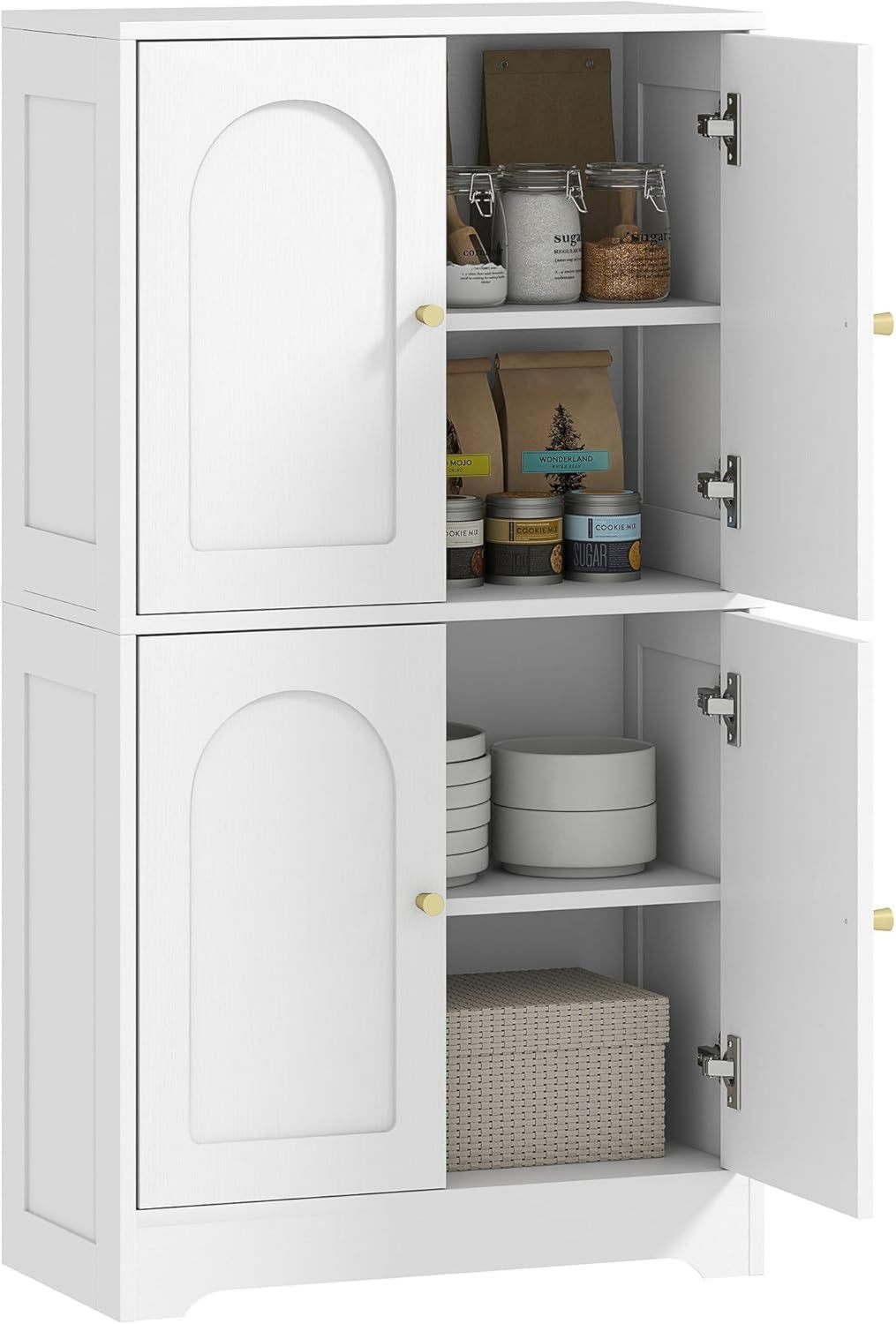 Credenza HOMCOM Cucina 2 Armadietti 4 Ante ad Arco cm Mobile Cucina Dispensa 2 Ripiani Regolabili Dispositivo Antiribaltamento 60 x 30 x 110 Bianco per Sala da Pranzo Soggiorno