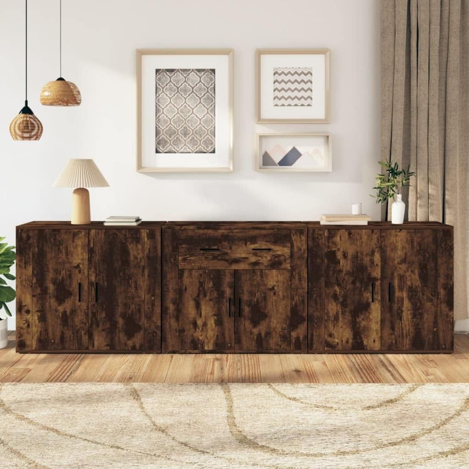 Casa Giardino Credenze 3 pz Rovere Affumicato Legno Ingegnerizzato