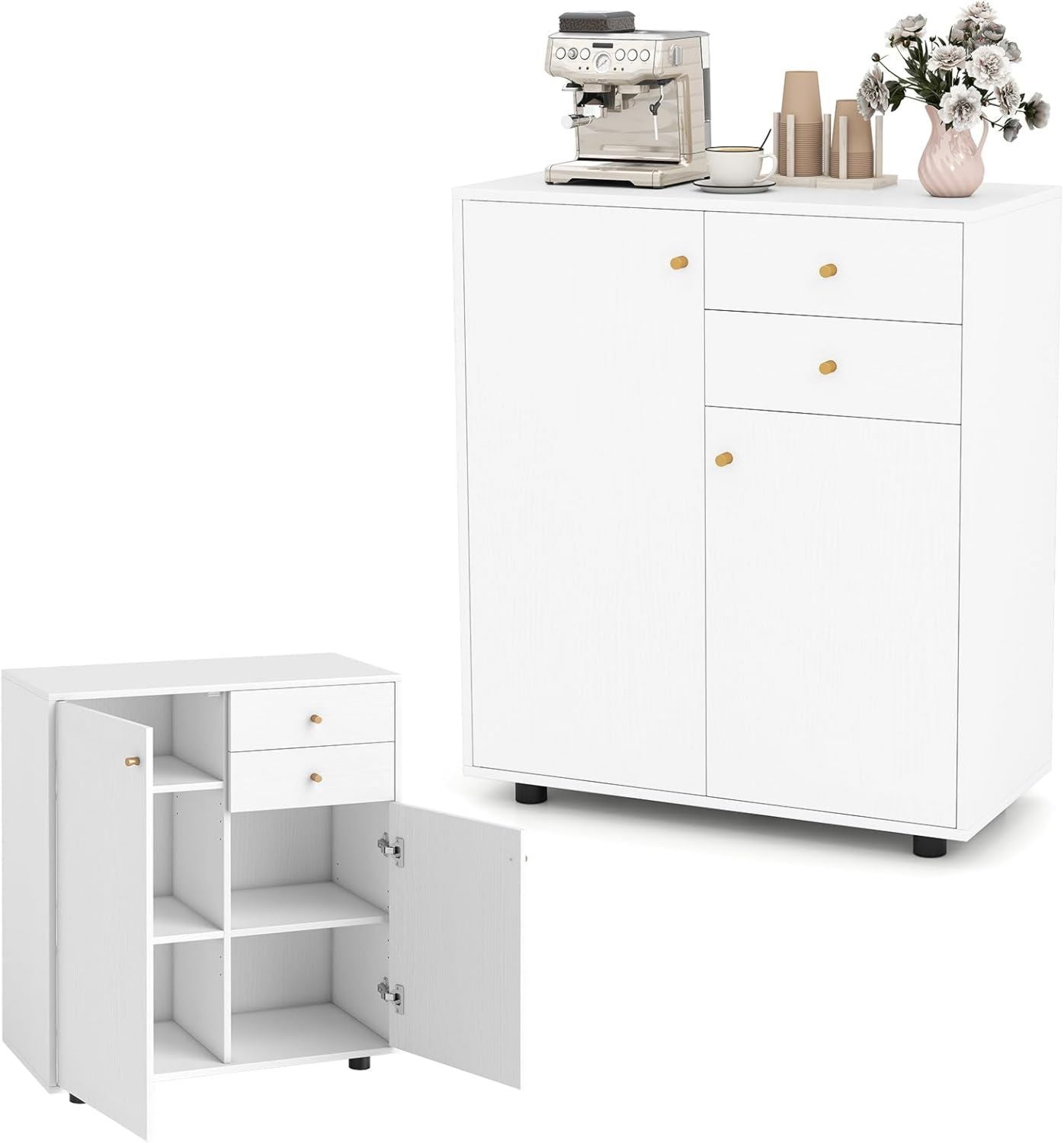 Mobile KOMFOTTEU Dispensa con 2 Cassetti Credenza da Cucina con 2 Ante Mobiletto Basso con 3 Ripiani Regolabili Armadio a Buffet 74 x 35 x 85 x x Bianco per Sala da Pranzo Soggiorno 5 cm L P A