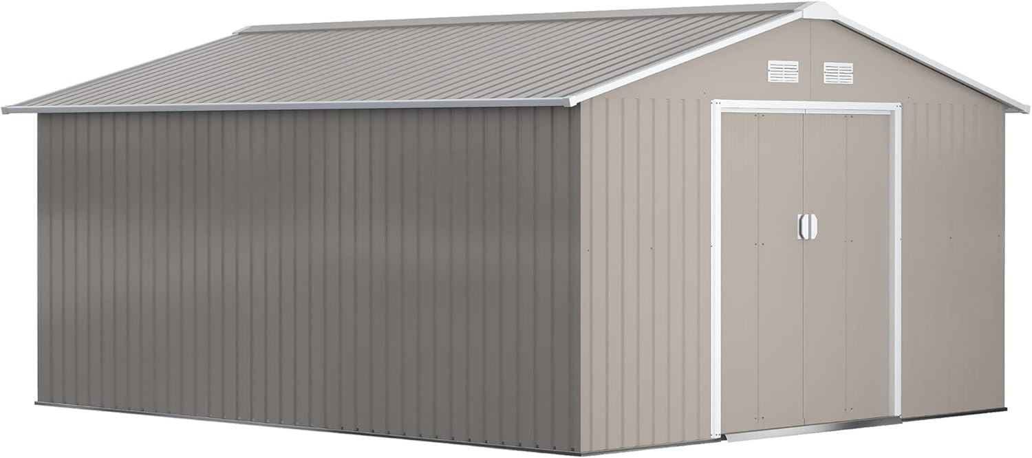 Outsunny Casetta da Giardino 12.4m² con Fondazione 4 Prese d Aria e 2 Porte Scorrevoli Capanno Porta Attrezzi in Lamiera d Acciaio 340x386x200 cm Grigio Chiaro