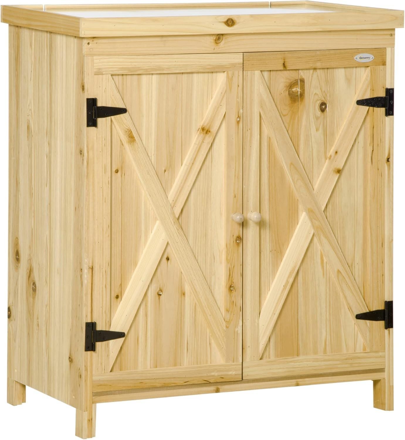 Armadio Outsunny da Giardino da Giardino in Metallo zincato Doppia Anta in Massiccio 80 45 92 cm Naturale con ripiano con Maniglia Gambe Rialzate x x Legno Legno